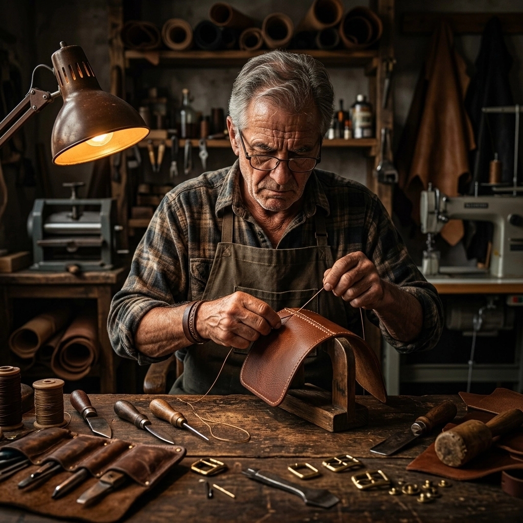 Master craftsman working on premium leather