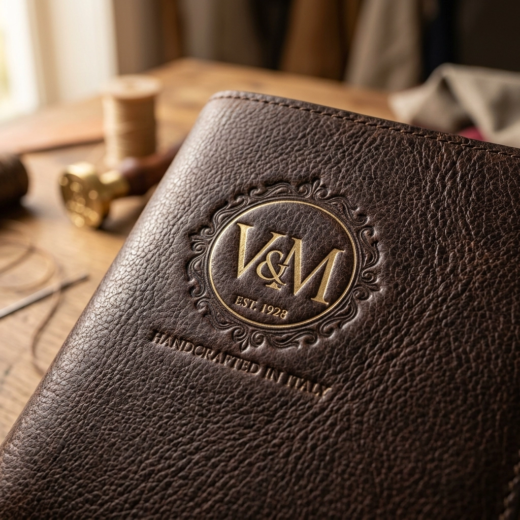 Embossed gold foil logo on rich leather